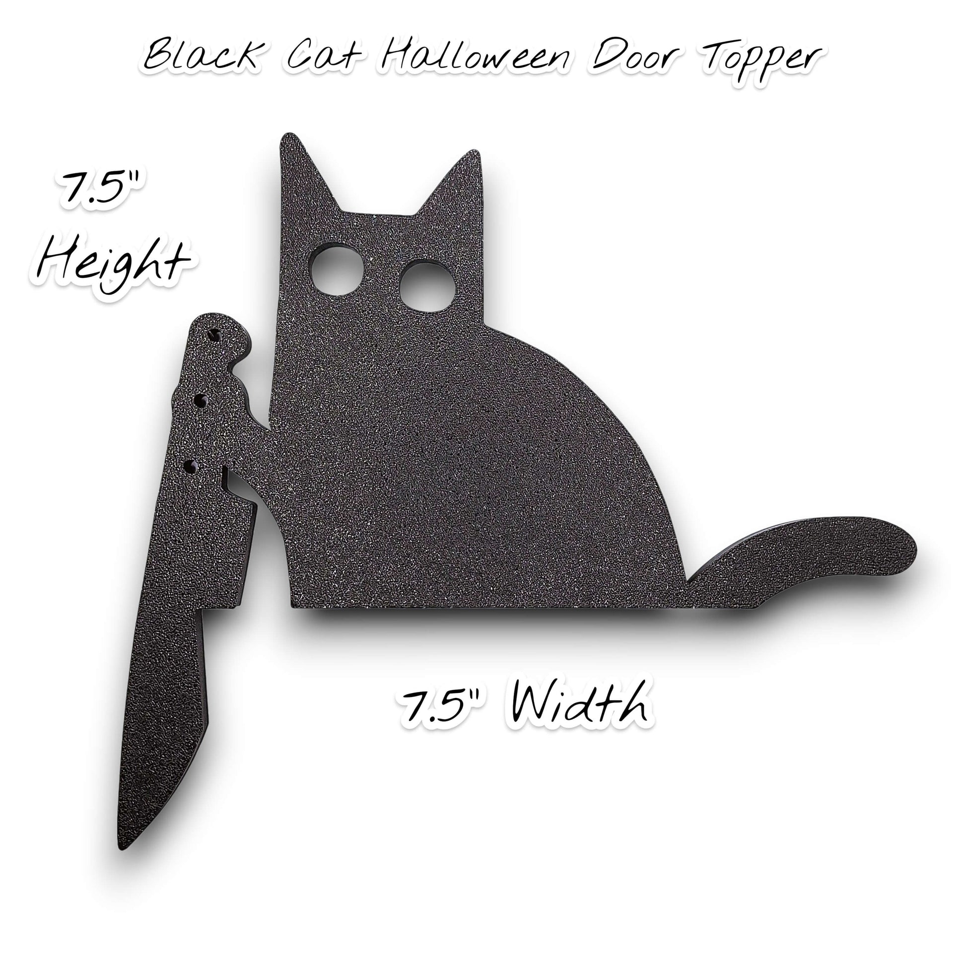 Black cat door topper holding knife, creepy Halloween decor, funny gothic home accent, prank gift idea for cat lovers with dark humor.