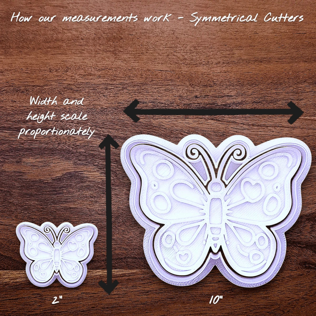 Butterfly cookie cutters and stamps side by side showing how the sizing increases work.