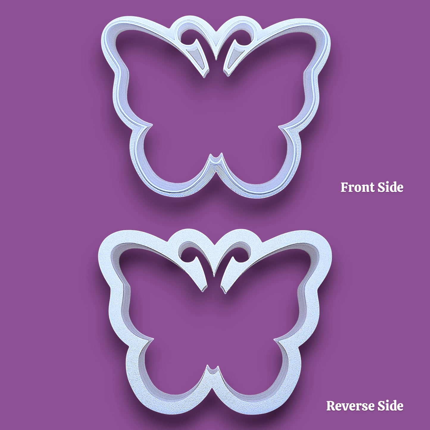 Butterfly cookie cutter shown on the front side and reverse to the showcase the handles.