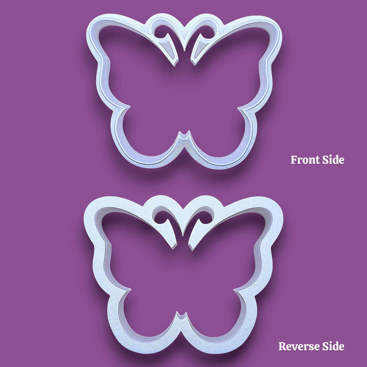 Butterfly cookie cutter shown on the front side and reverse to the showcase the handles.