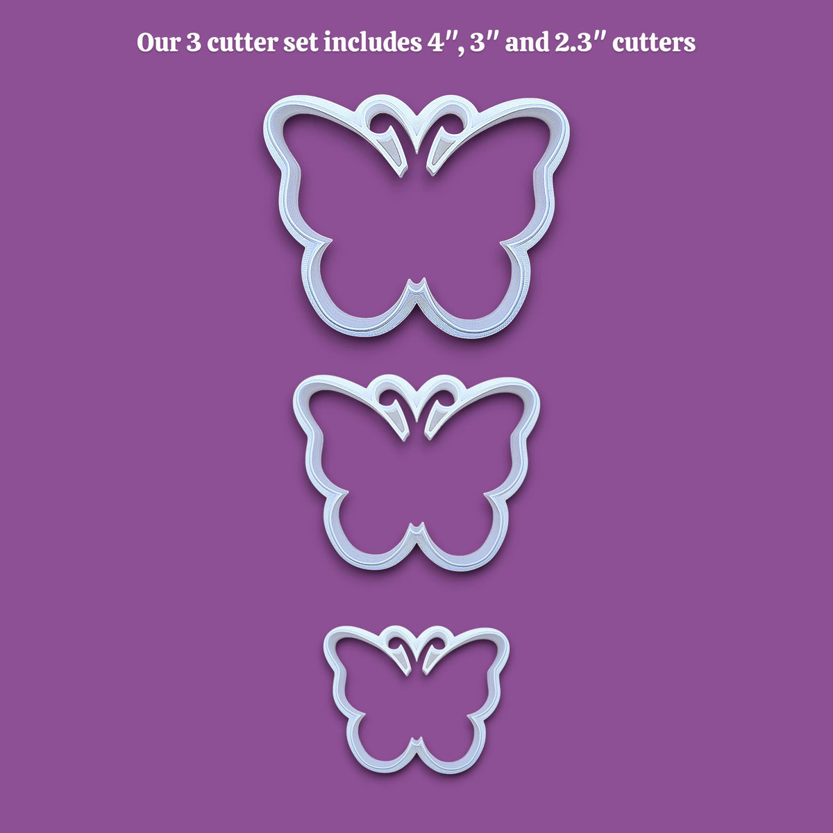 Handmade and customizable butterfly cookie cutters in three sizes, perfect for spring baking, garden party treats, birthdays, events, weddings, fondant decorations, and whimsical cookie designs.