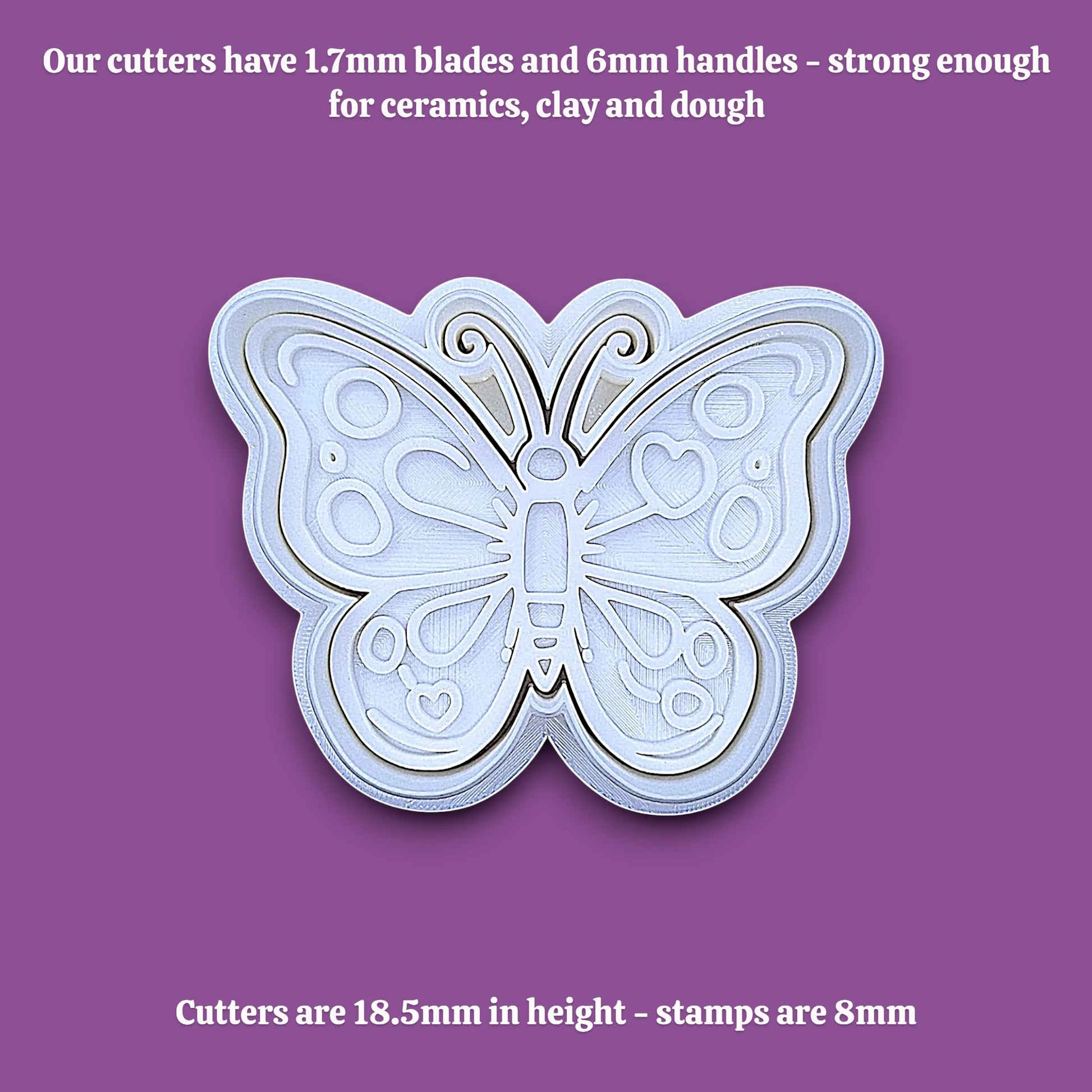 Butterfly cookie cutter and stamp shown alongside dimensions showing the thickness of the cutter and stamp.