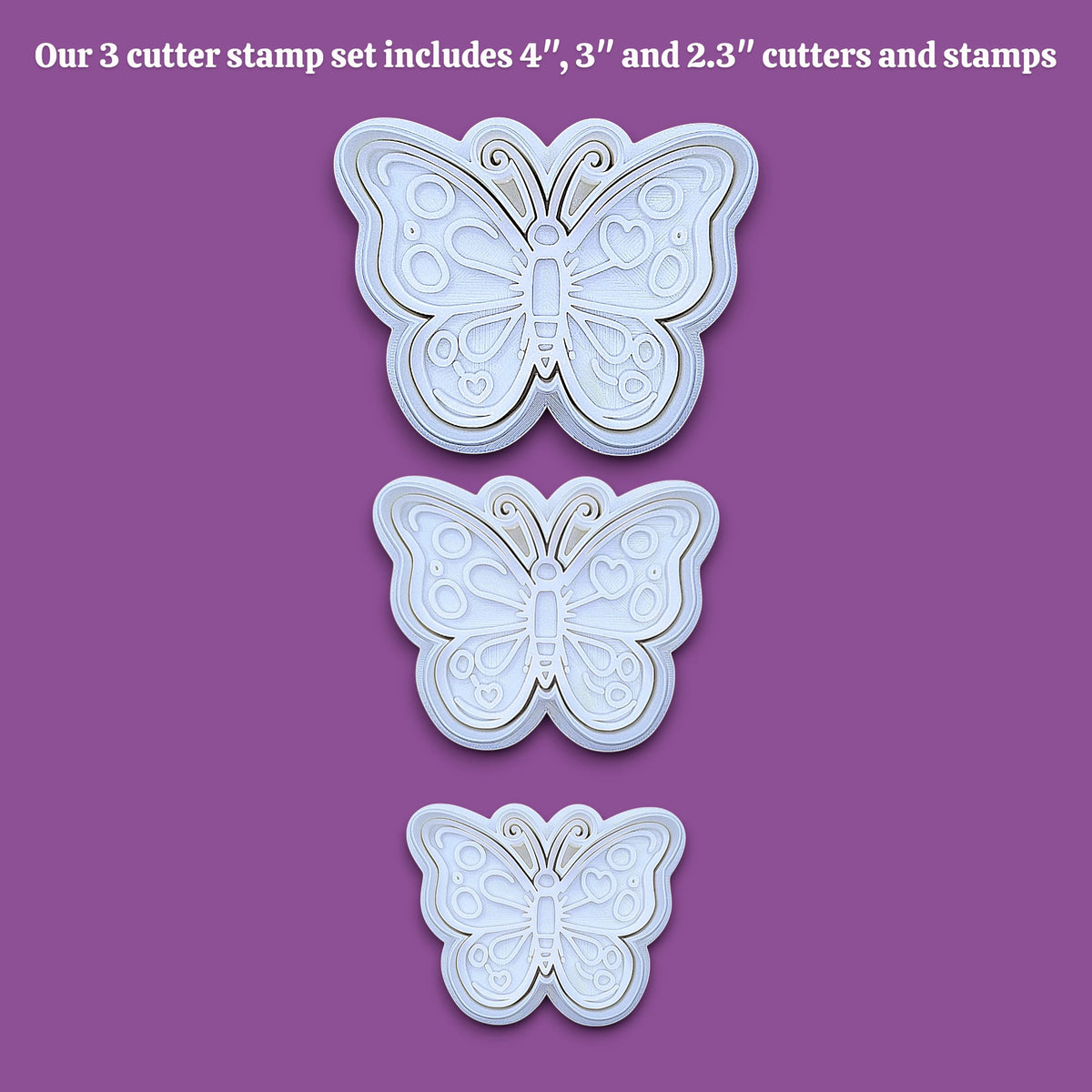 Handmade and customizable butterfly cookie cutters and stamps in three sizes, perfect for spring baking, garden party treats, birthdays, events, weddings, fondant decorations, and whimsical cookie designs.