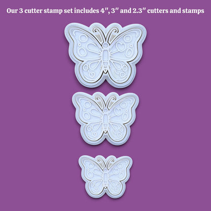 Handmade and customizable butterfly cookie cutters and stamps in three sizes, perfect for spring baking, garden party treats, birthdays, events, weddings, fondant decorations, and whimsical cookie designs.