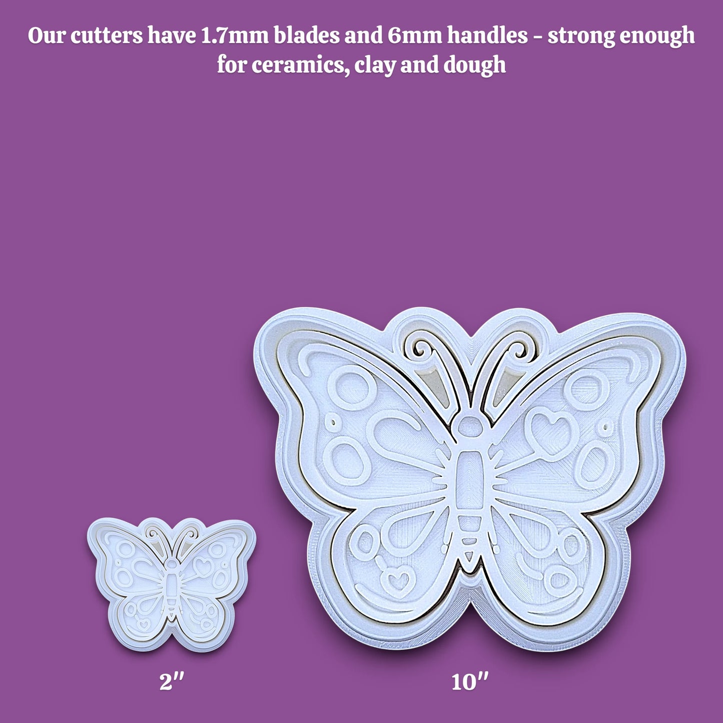 Butterfly cookie cutters and stamps side by side showing how the sizing increases work.