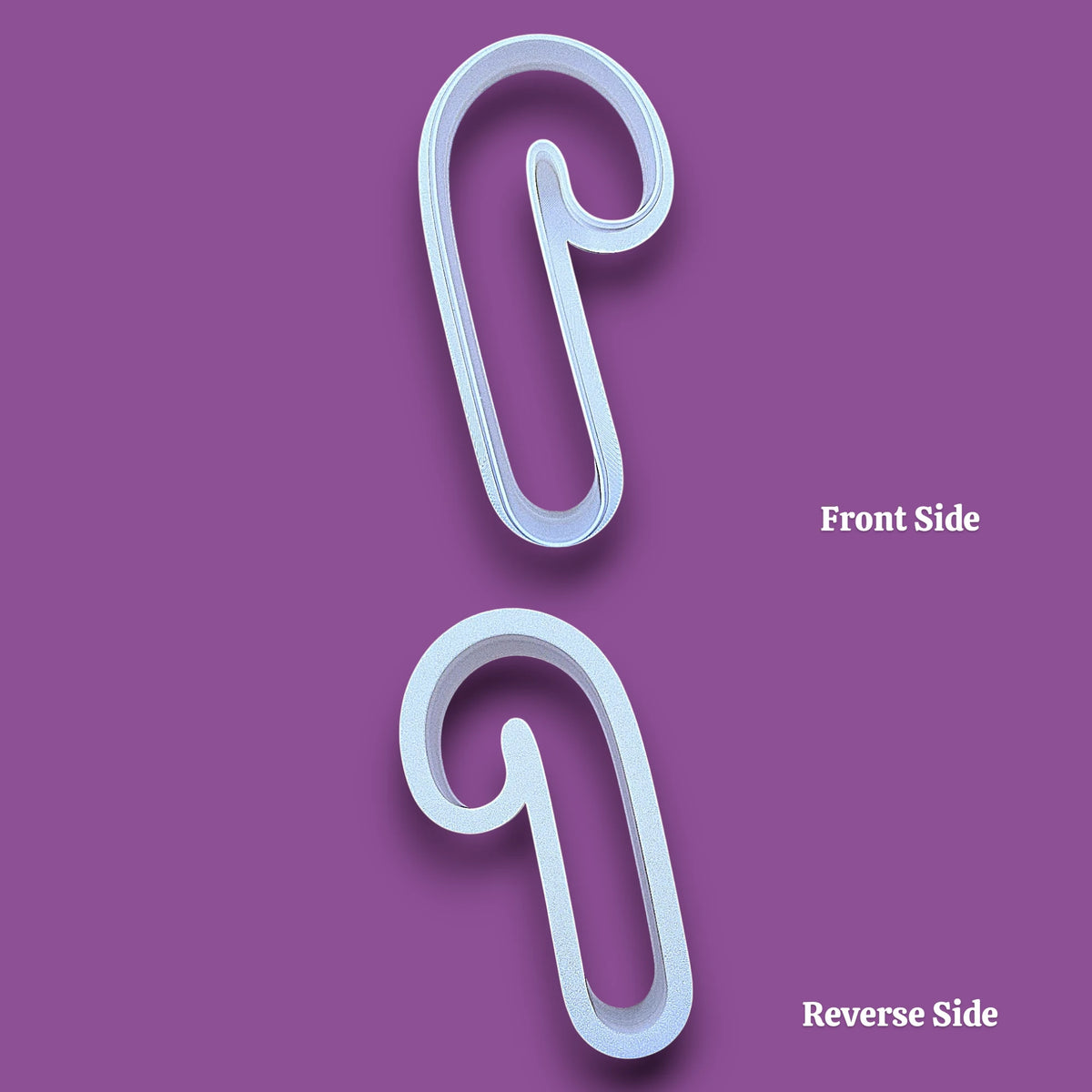 Candy cane cookie cutter shown in front and reverse, perfect for Christmas treats, crafts, clay, fondant and biscuits. Handmade in USA and available in 30 unique colors.
