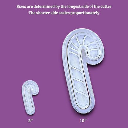 Candy cane cookie cutters and stamps alongside a sizing guide, perfect for Christmas treats, crafts, clay, fondant and biscuits. Handmade in USA and available in 30 unique colors.