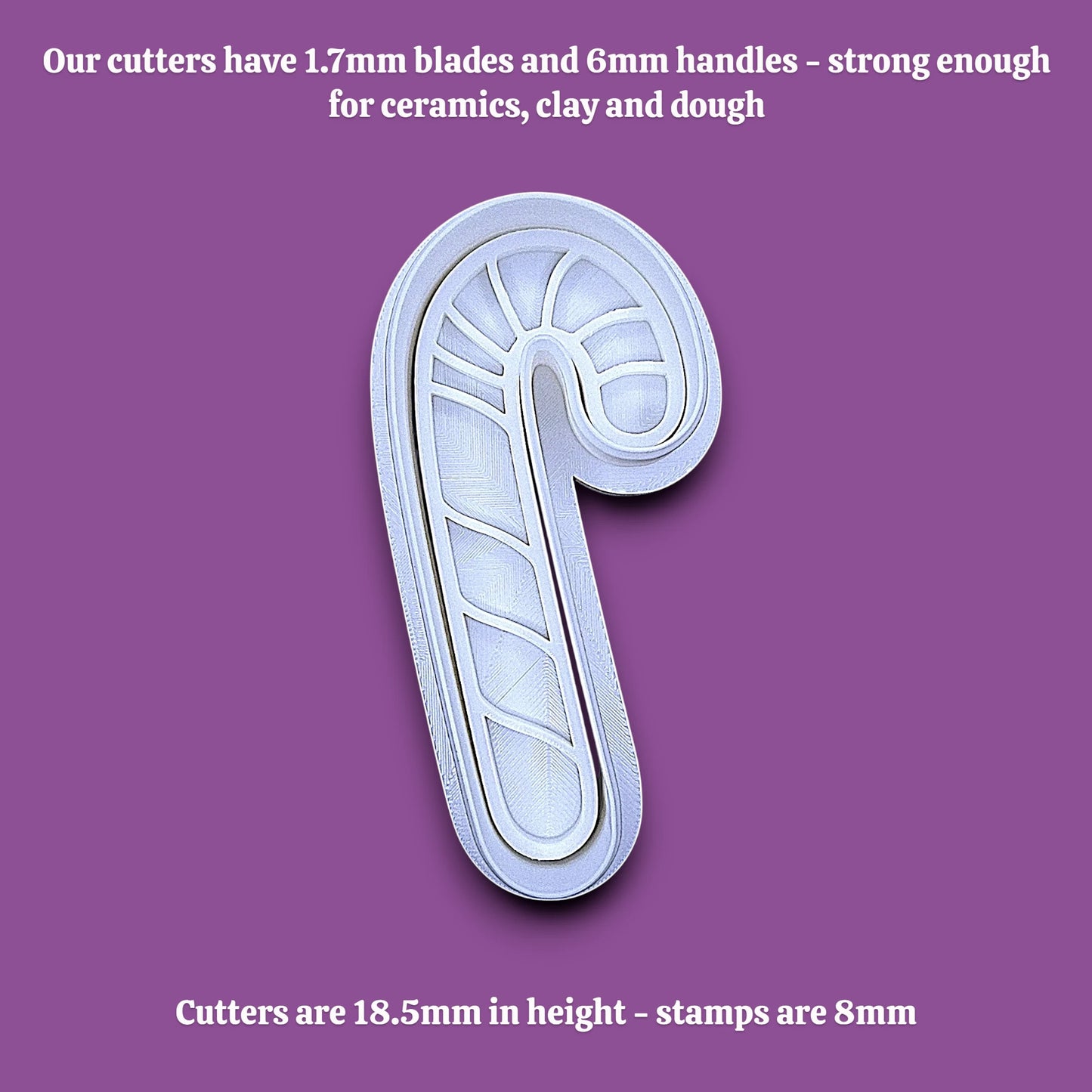 Candy cane cookie cutter and stamp alongside dimensions for the cutter and stamp, perfect for Christmas treats, crafts, clay, fondant and biscuits. Handmade in USA and available in 30 unique colors.