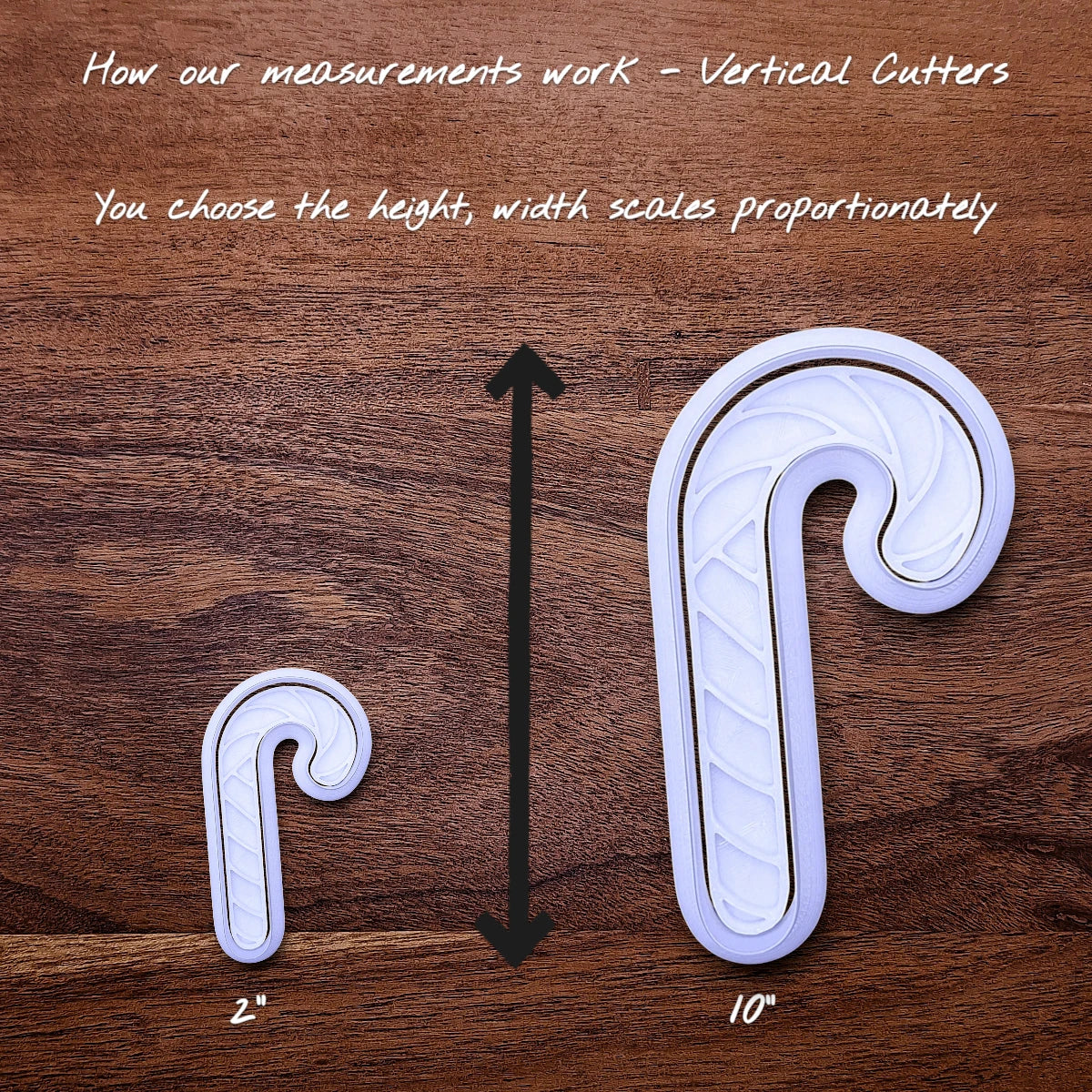 Candy cane sizing guide showing how different sizes scale vertically.