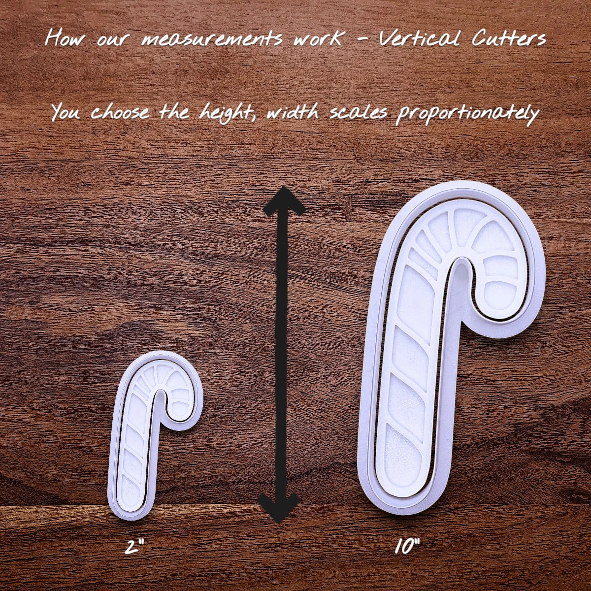 Two candy cane cookie cutters and stamps shown side by side with an infographic showing how increasing the size works.