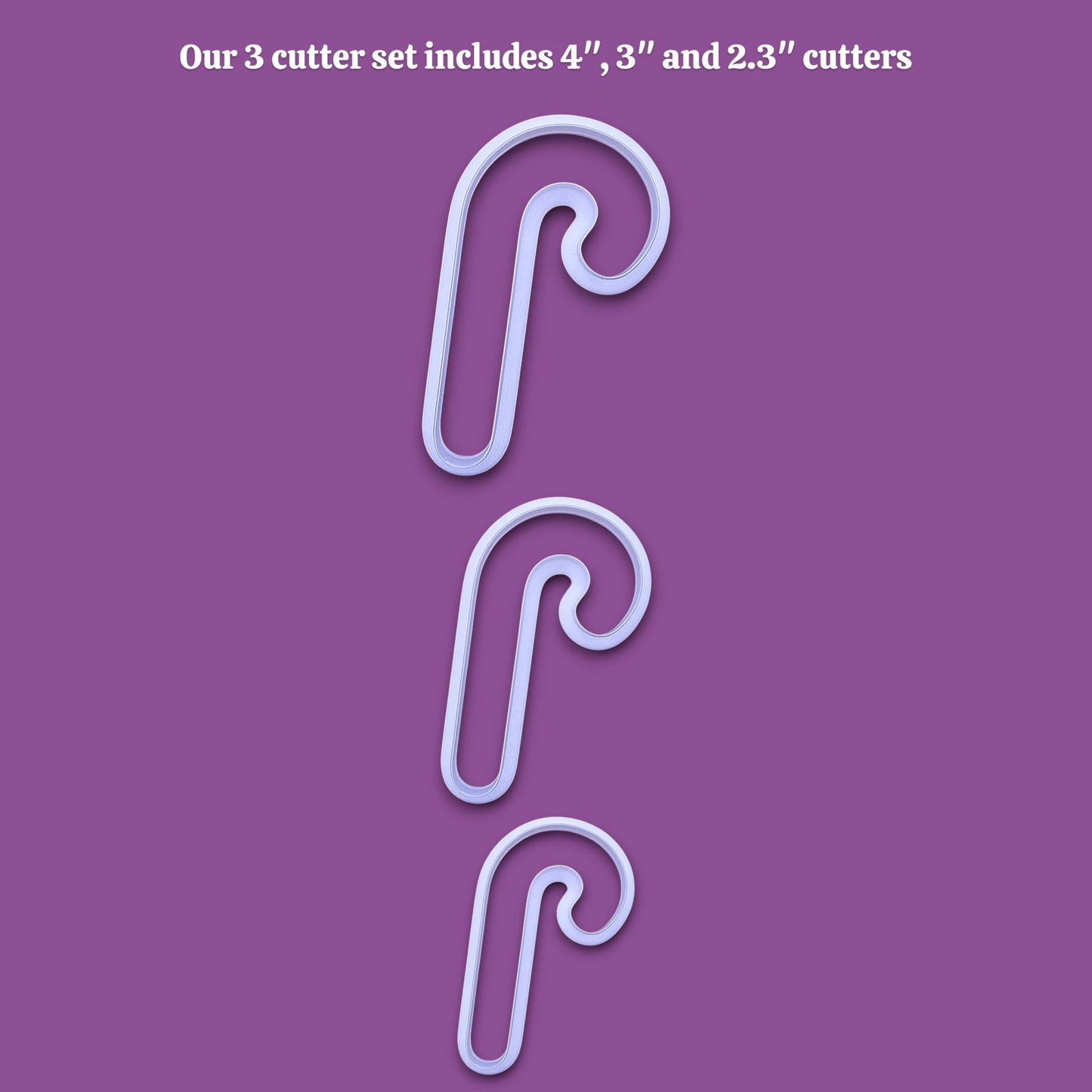 Three candy cane-shaped cookie cutters in sizes 4 inches, 3 inches, and 2.3 inches, displayed vertically on a solid purple background with white text at the top.