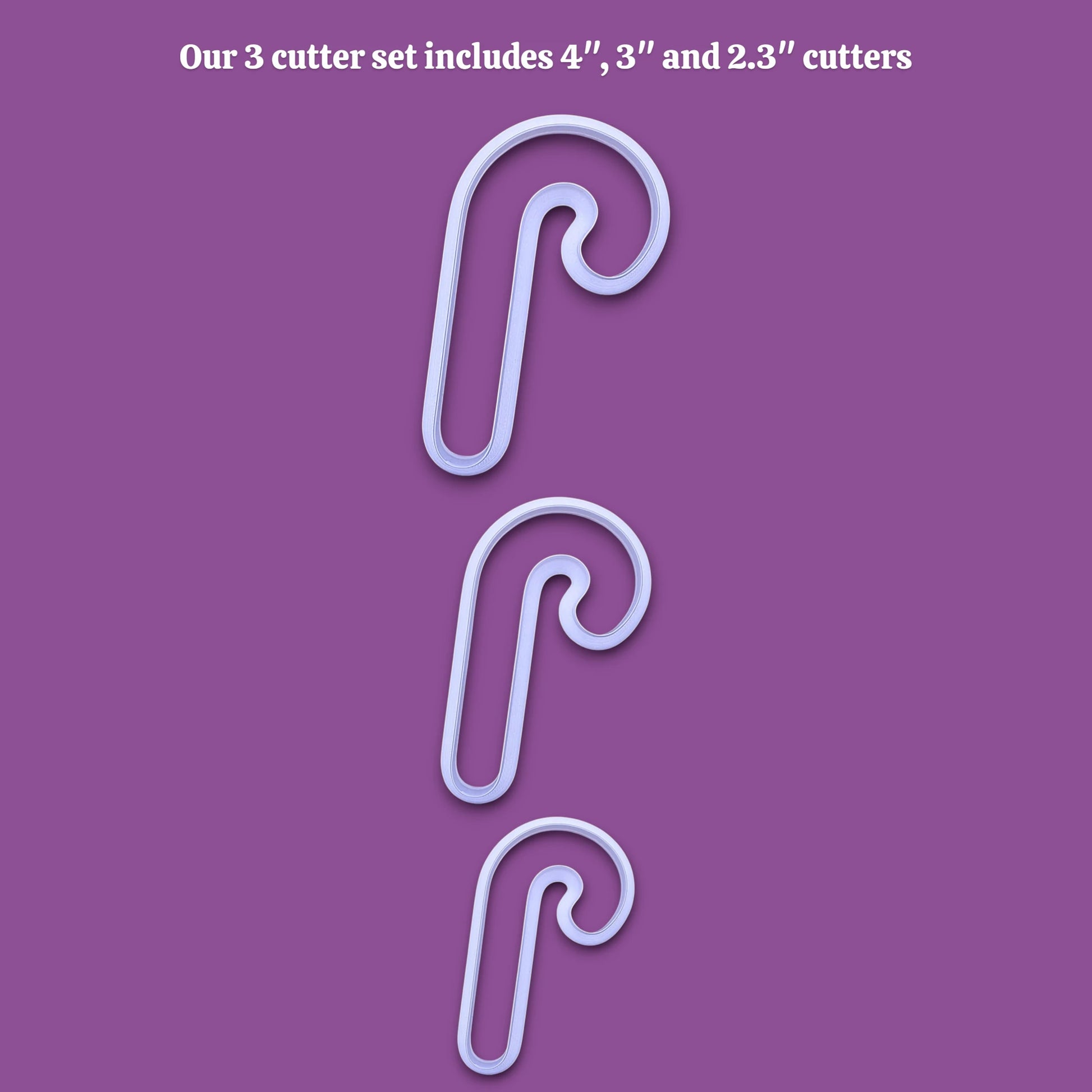 Three candy cane-shaped cookie cutters in sizes 4 inches, 3 inches, and 2.3 inches, displayed vertically on a solid purple background with white text at the top.