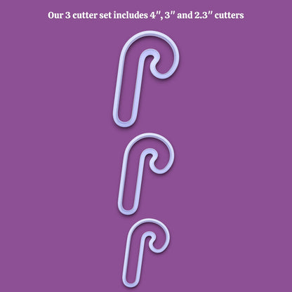 Three candy cane-shaped cookie cutters in sizes 4 inches, 3 inches, and 2.3 inches, displayed vertically on a solid purple background with white text at the top.