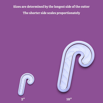 A purple informational graphic showing a candy cane-shaped cutter in two sizes, labeled 2 inches and 10 inches, with text explaining that sizes are determined by the longest side of the cutter and the shorter side scales proportionately.