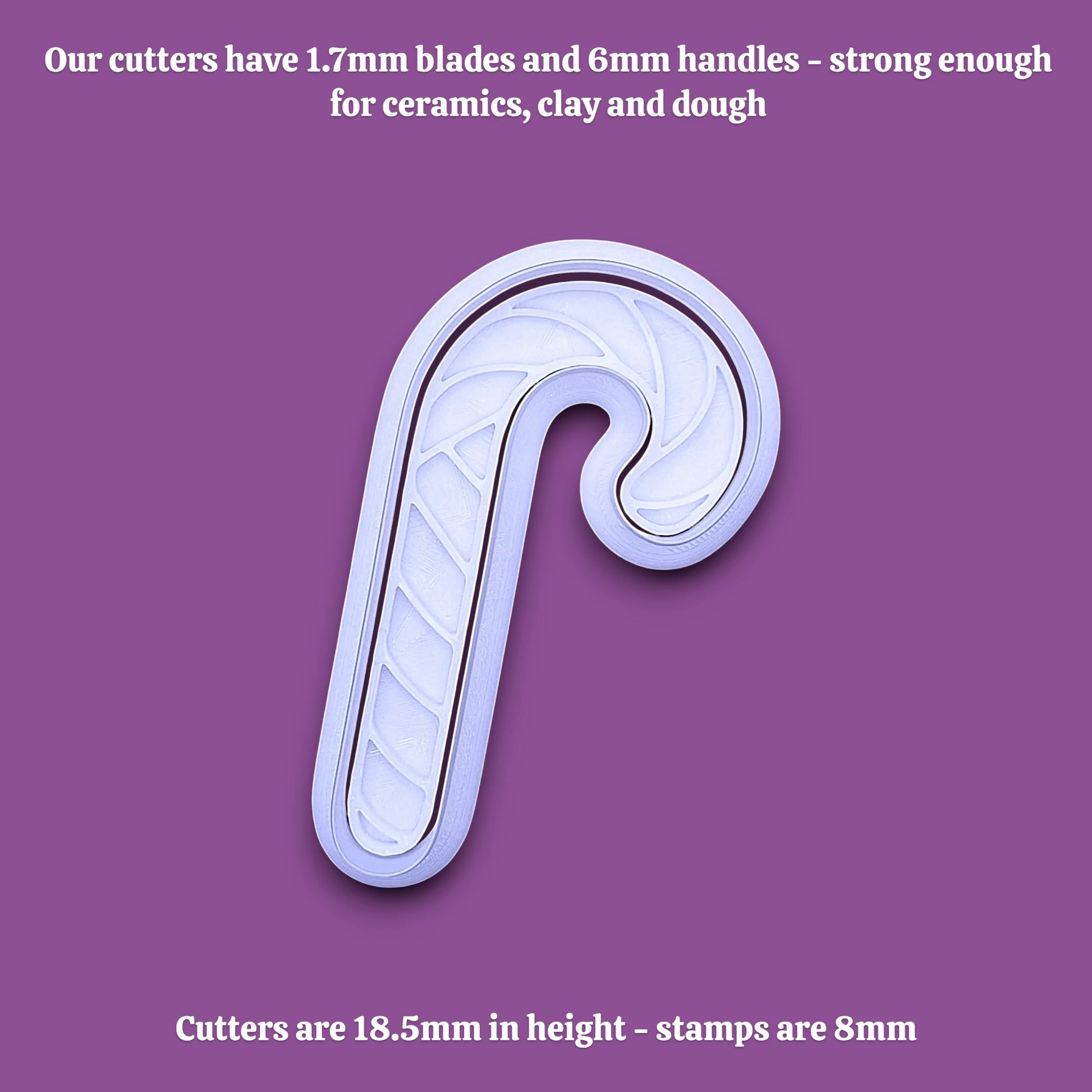 Candy cane cookie cutter and stamp with dimensions of the handle and cutter above and below the cutter, perfect for holiday treats, gifting and ceramics.