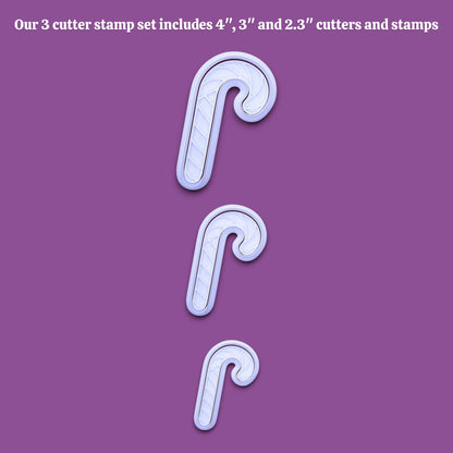 Three candy cane-shaped cutters and stamps shown vertically on a solid purple background, with white text at the top reading, 'Our 3 cutter stamp set includes 4", 3", and 2.3" cutters and stamps'.
