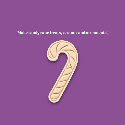 A white candy cane-shaped cookie cutter mold is centered on a solid purple background, with the text 'Make candy cane treats, ceramics and ornaments!' above it.