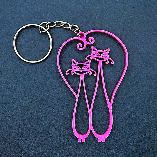 Pink cat couple keychain with two cats sitting together, shown front-facing with attached ring, eco-friendly and perfect for romantic or pet gifts.