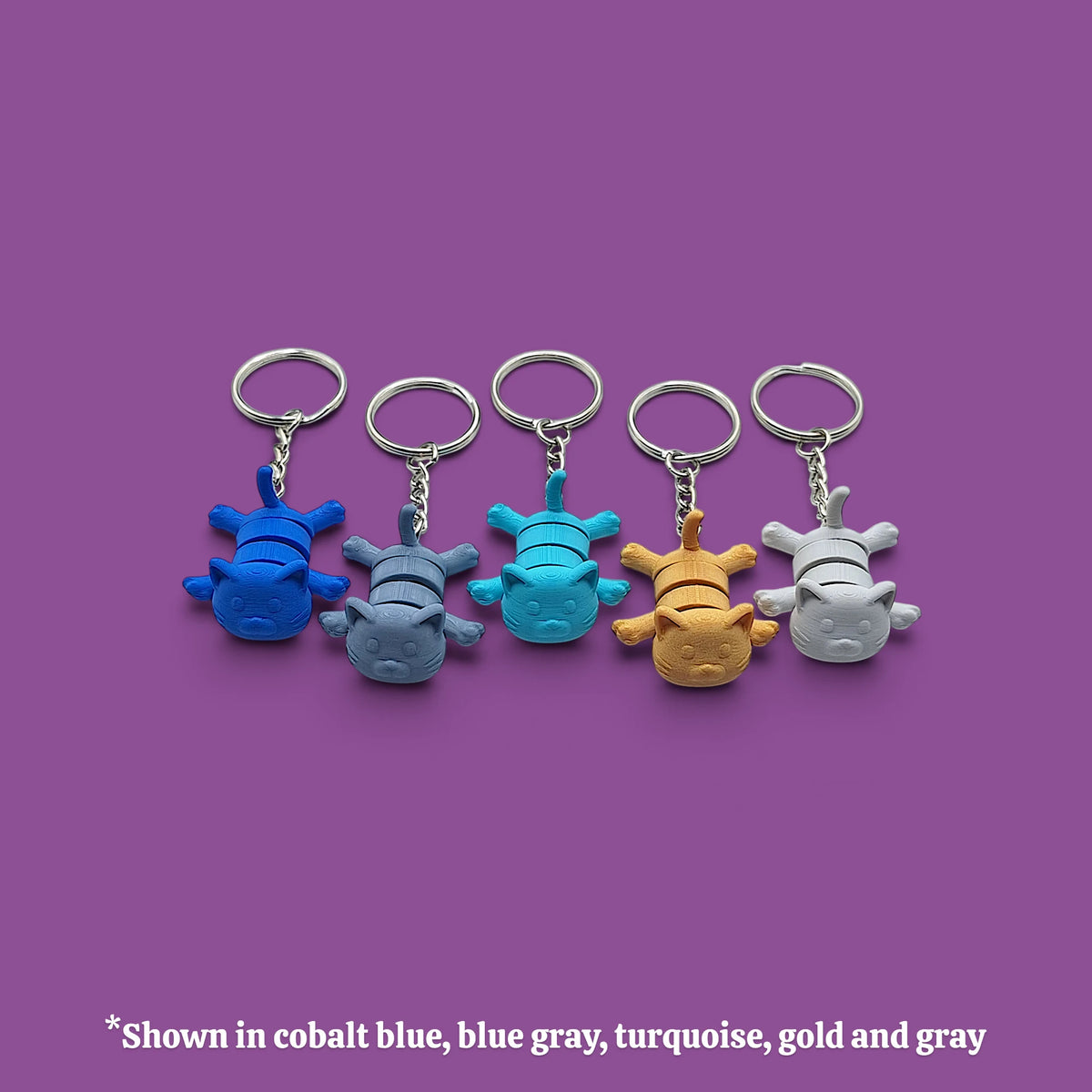 Articulated cat keychains, customizable and handmade, perfect for classroom prizes, party favors and event giveaways.
