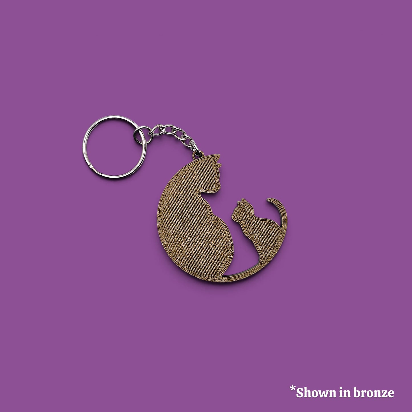 Cat mom keychain in bronze, 30 unique color options, great for keys, backpacks, and small classroom gifts with charm for kitty lovers.