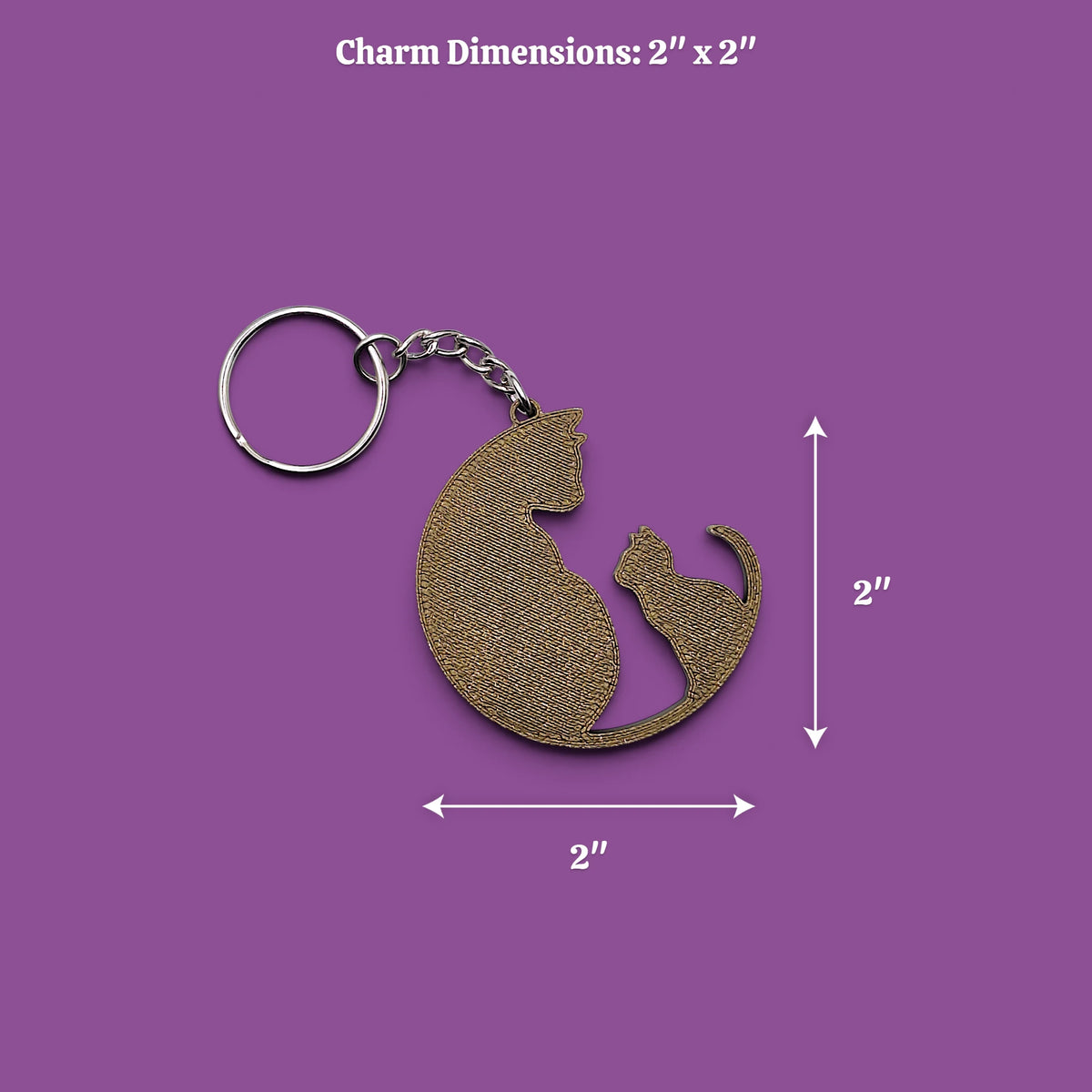 Cat keychain with dimensions showing 2" x 2".