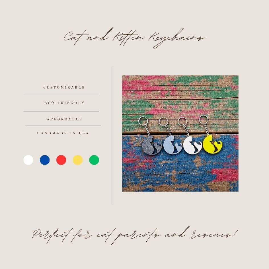 Handmade and customizable cat and kitten keychains in various colors, perfect for pet parents, gift sets and animal rescues.