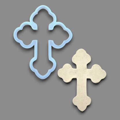 Cross cookie cutter alongside a dough cutout, perfect for Easter, Christmas, baptism and VBS treats. Can be used for fondant, cookies, clay, ceramics and biscuits.