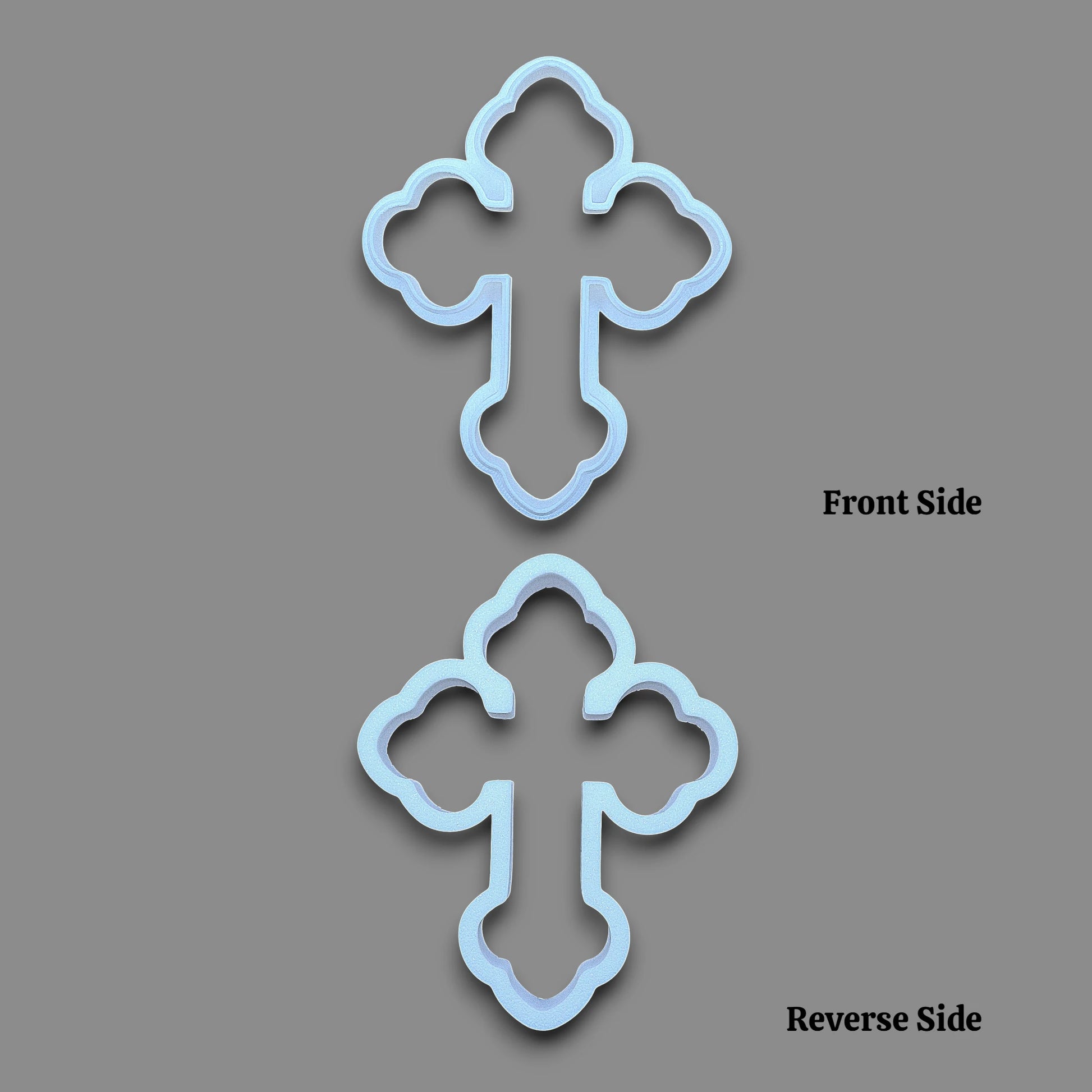 Cross cookie cutter shown front and reverse, perfect for Easter, Christmas, baptism and VBS treats. Can be used for fondant, cookies, clay, ceramics and biscuits.