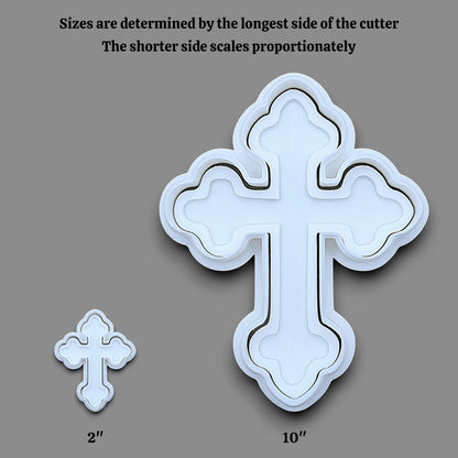Cross cookie cutters and stamps alongside a sizing guide, perfect for Easter, Christmas, baptism and VBS treats. Can be used for fondant, cookies, clay, ceramics and biscuits.
