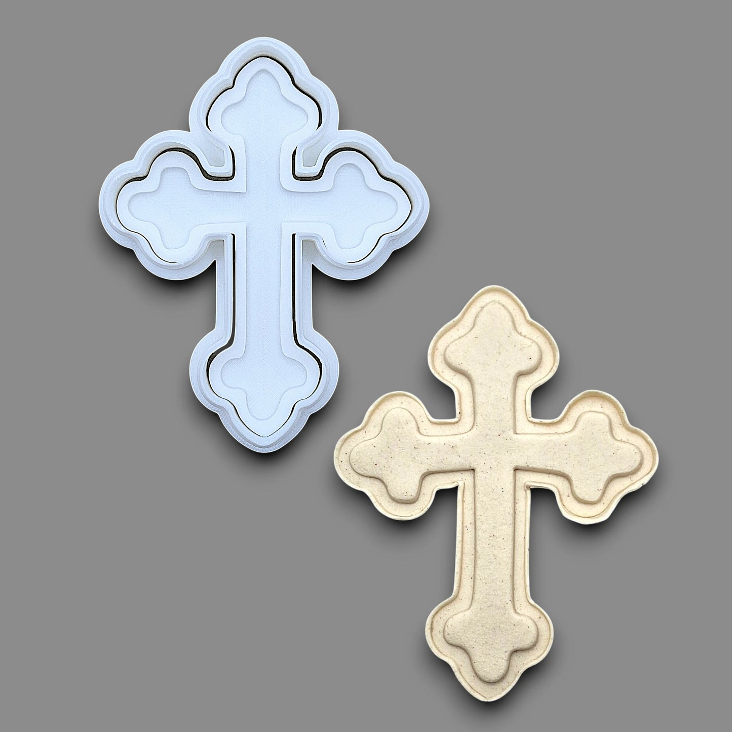 Cross cookie cutter and stamp alongside a dough cutout and imprint, perfect for Easter, Christmas, baptism and VBS treats. Can be used for fondant, cookies, clay, ceramics and biscuits.
