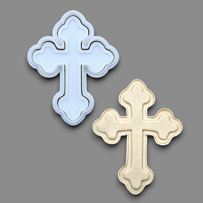 Cross cookie cutter and stamp alongside a dough cutout and imprint, perfect for Easter, Christmas, baptism and VBS treats. Can be used for fondant, cookies, clay, ceramics and biscuits.