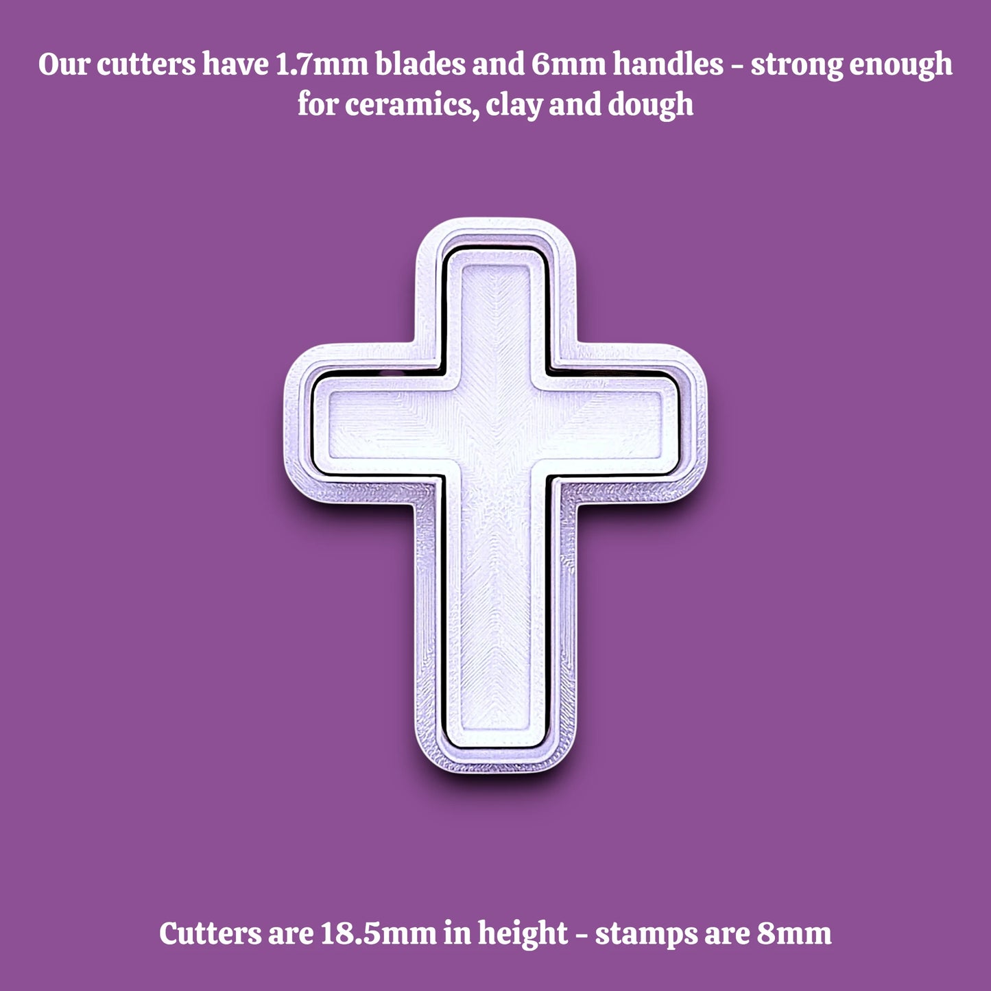 Cross cookie cutter and stamp alongside cutter and handle dimensions, perfect for Easter, communion, or church gatherings.