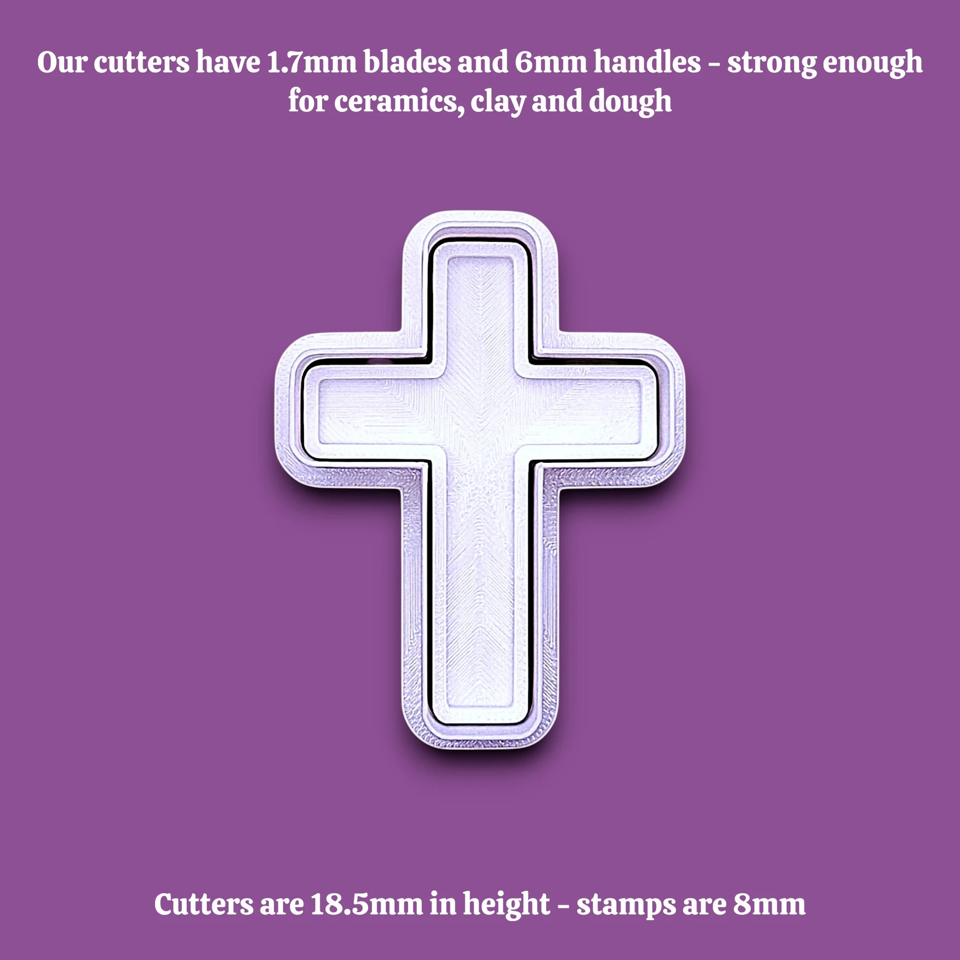 Cross cookie cutter and stamp alongside cutter and handle dimensions, perfect for Easter, communion, or church gatherings.