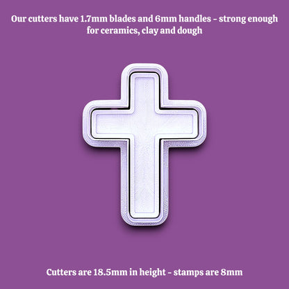Cross cookie cutter and stamp alongside cutter and handle dimensions, perfect for Easter, communion, or church gatherings.