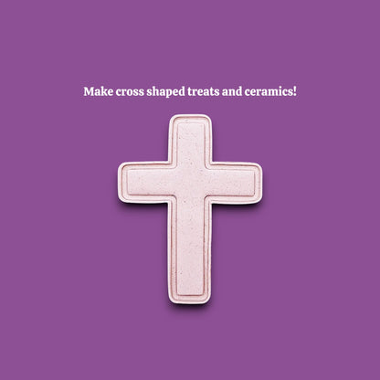 Cross cookie cutter dough cutout and imprint for making detailed religious cookies, perfect for Easter, communion, or church gatherings.