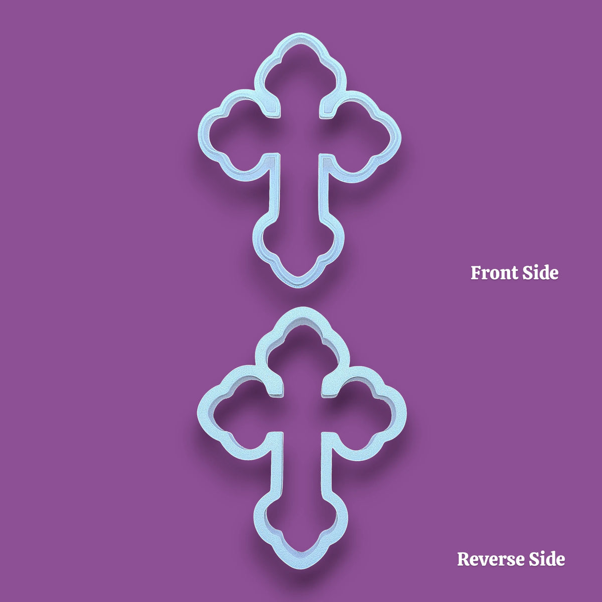 Cross cookie cutter shown front and reverse, perfect for Easter, Christmas, baptism and VBS treats. Can be used for fondant, cookies, clay, ceramics and biscuits.