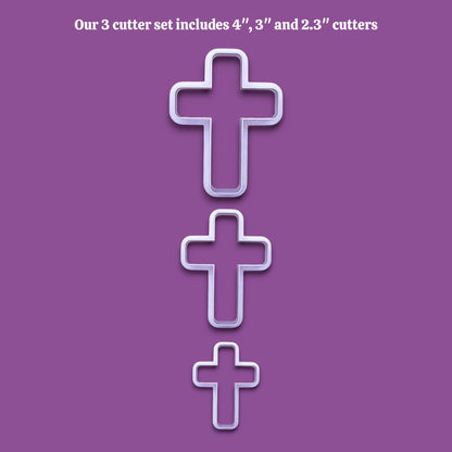 Three cross-shaped cookie cutters in descending sizes arranged vertically on a solid purple background, with white text at the top reading 'Our 3 cutter set includes 4", 3" and 2.3" cutters'.
