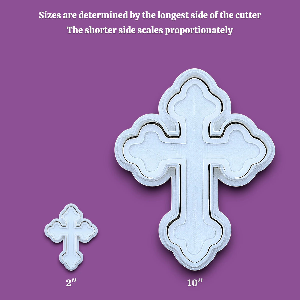 Cross cookie cutters and stamps alongside a sizing guide, perfect for Easter, Christmas, baptism and VBS treats. Can be used for fondant, cookies, clay, ceramics and biscuits.