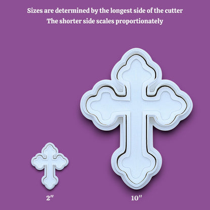 Cross cookie cutters and stamps alongside a sizing guide, perfect for Easter, Christmas, baptism and VBS treats. Can be used for fondant, cookies, clay, ceramics and biscuits.