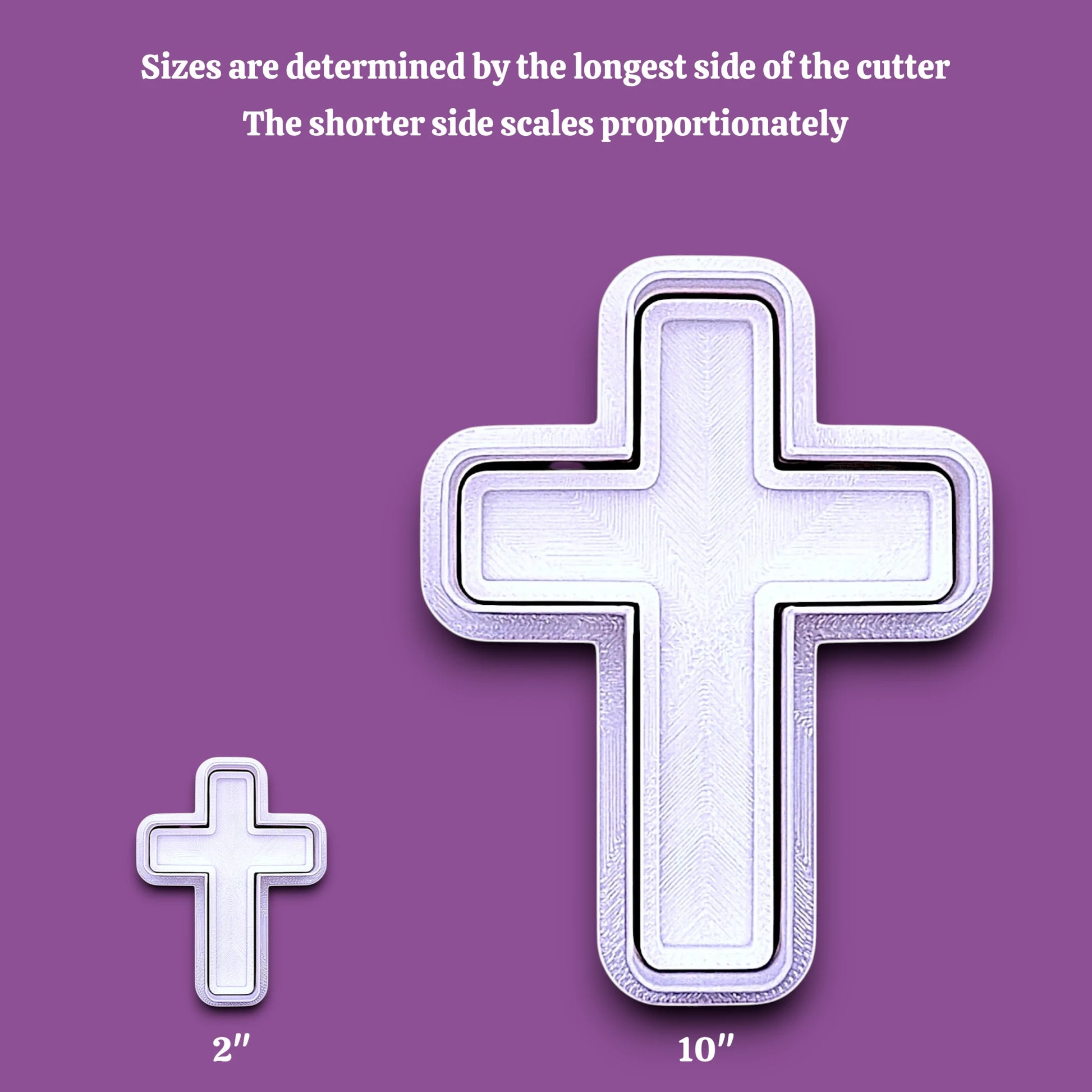 Cross cookie cutters and stamps alongside a sizing guide, perfect for Easter, communion, or church gatherings.