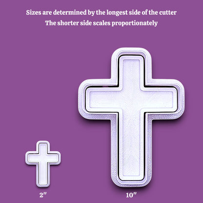 Cross cookie cutters and stamps alongside a sizing guide, perfect for Easter, communion, or church gatherings.