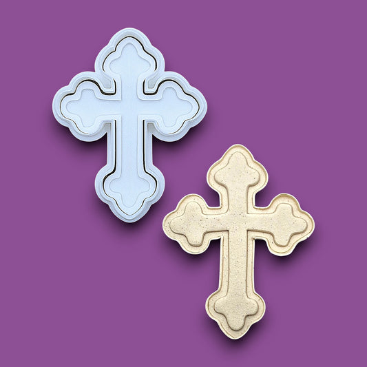 Cross cookie cutter and stamp alongside a dough cutout and imprint, perfect for Easter, Christmas, baptism and VBS treats. Can be used for fondant, cookies, clay, ceramics and biscuits.