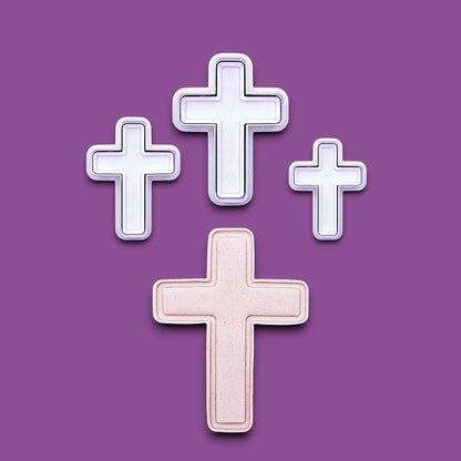 Four cross-shaped cookie cutters with stamps alongside a dough cutout and imprint, perfect for VBS, Easter and holiday treats.