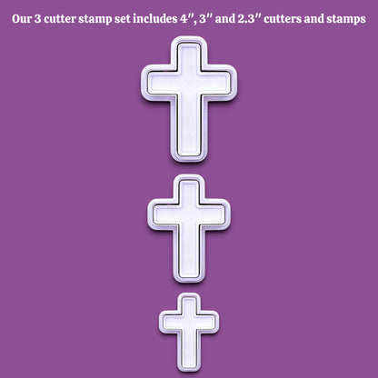 Three cross-shaped cutter stamps in descending sizes are displayed vertically on a solid purple background, with white text at the top stating, 'Our 3 cutter stamp set includes 4", 3", and 2.3" cutters and stamps'.