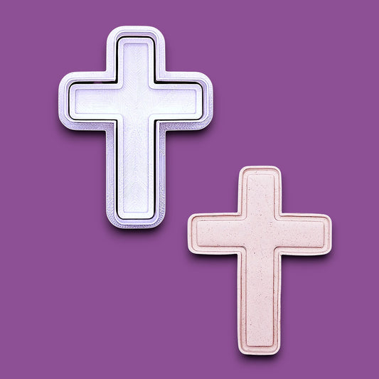 Cross cookie cutter and stamp with dough cutout and imprint for making detailed religious cookies, perfect for Easter, communion, or church gatherings.