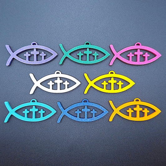 Handmade Christian Fish Keychain featuring three crosses, perfect for religious gifts, baptism, confirmation, Sunday school, and church events.