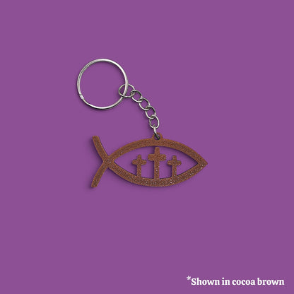 Jesus ichthys Christian fish religious keychain in brown, customizable and handmade, perfect for church party favors, VBS and event giveaways and Easter bag charms.