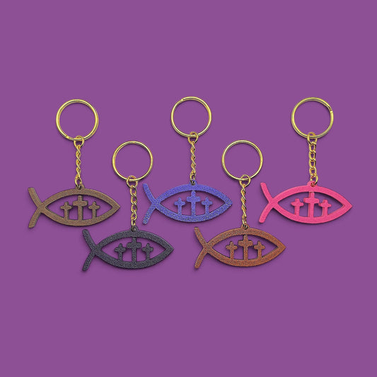 Jesus ichthys Christian fish religious keychains in multiple colors, customizable and handmade, perfect for church party favors, VBS and event giveaways and Easter bag charms.