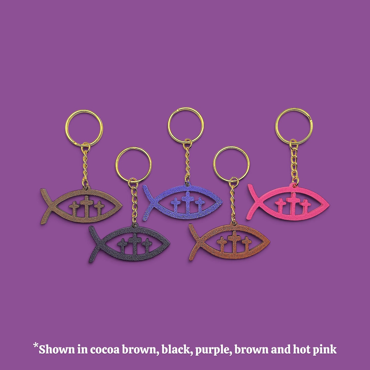 Jesus ichthys Christian fish religious keychains in various colors, customizable and handmade, perfect for church party favors, VBS and event giveaways and Easter bag charms.