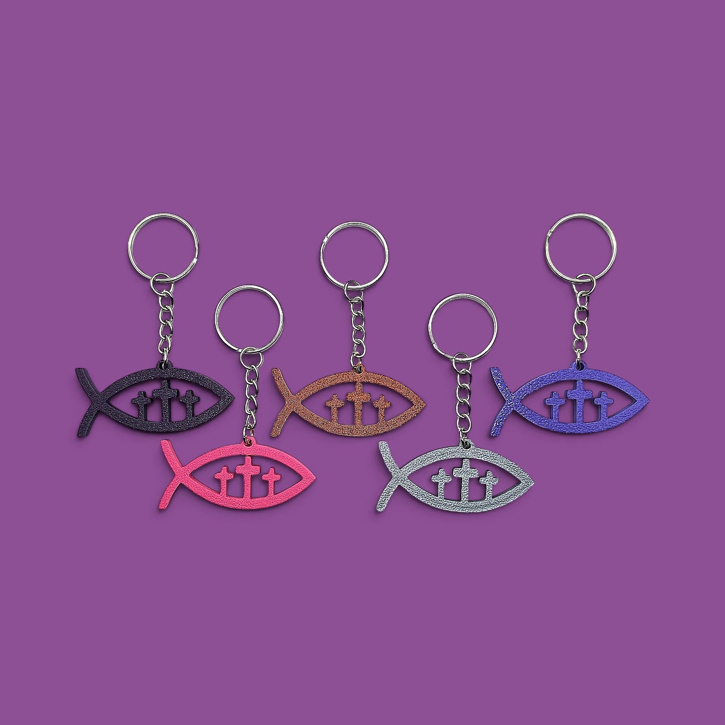 Jesus ichthys Christian fish religious keychains in five colors, customizable and handmade, perfect for church party favors, VBS and event giveaways and Easter bag charms.